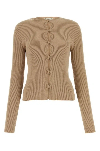 Fendi Woman Biscuit Cotton Blend Cardigan In Brown