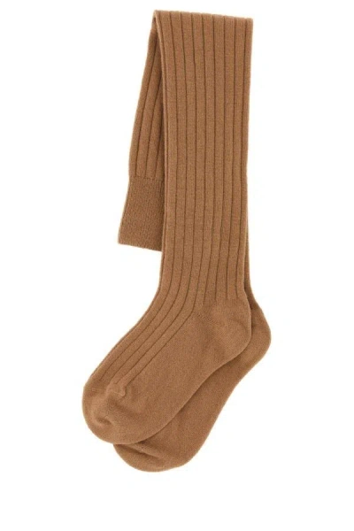 Prada Woman Camel Stretch Wool Blend Socks In Brown