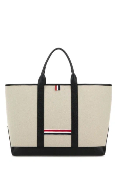 Thom Browne Woman Sand Canvas Medium Rwb-stripe Shopping Bag