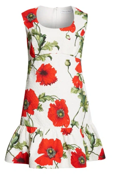 Oscar De La Renta Floral Cotton Cloque Mini Dress In White Red