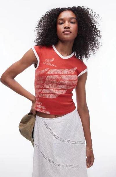 Topshop Graphic License V Neck Honda Baby Tee In Red