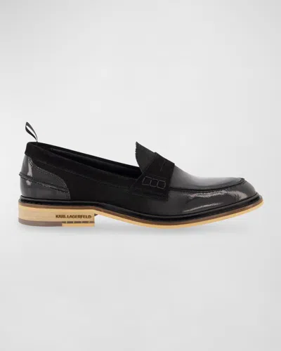 Karl Lagerfeld Men's Suede And Patent Leather Penny Loafers In Black