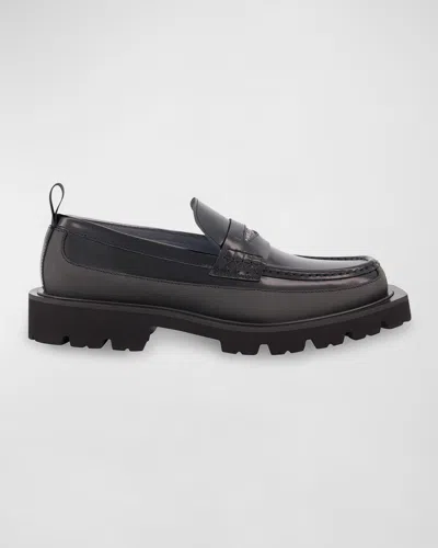 Karl Lagerfeld Men's Mixed Leather Logo Lug-sole Penny Loafers In Black