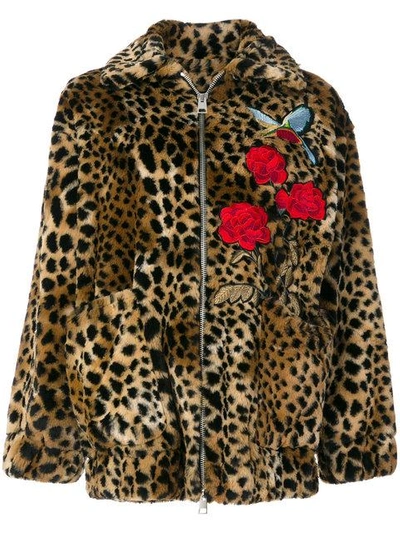Ainea Woman Floral-appliquéd Leopard-print Faux Fur Coat Animal Print In Leopardato