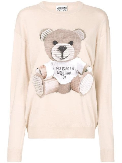 Moschino Wool Knit Sweater W/ Cardboard Bear In Beige