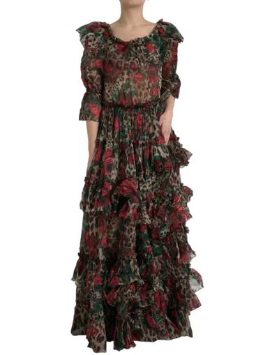 Dolce & Gabbana Ethereal Floral & Leopard Print Maxi Gown In Multicolor