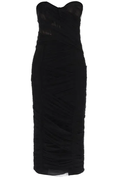 Dolce & Gabbana Tulle Stretch Draped Strapless Corset Longuette Midi Dress In Black