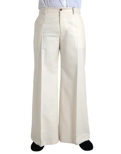 Dolce & Gabbana White Wool Wide Leg Mid Waist Trousers