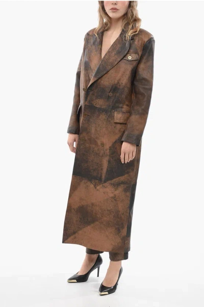 Baia Double-breasted Leather Coat With Peak Lapel In Brown