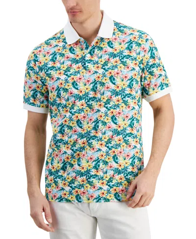 Club Room Men's Libra Textured Short Sleeve Floral Print Performance Polo Shirt, Created For Macy's In Bright White