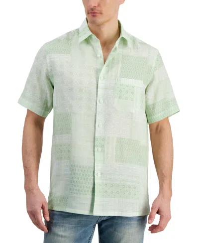 Club Room Men's Patchwork Geo-print Short-sleeve Linen Shirt, Created For Macy's In Young Eucalypts
