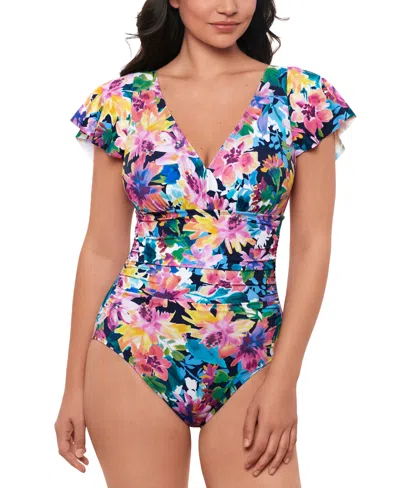 Swim Solutions Women's Garden Dreams Flutter-sleeve One-piece Swimsuit, Created For Macy's In Navy Multi