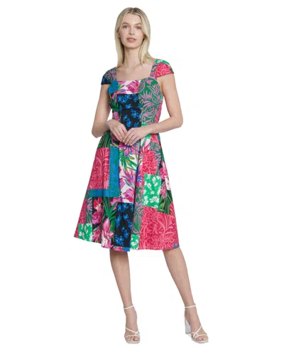 Maggy London Women's Patchwork-print Cap-sleeve Dress In Pink,blue