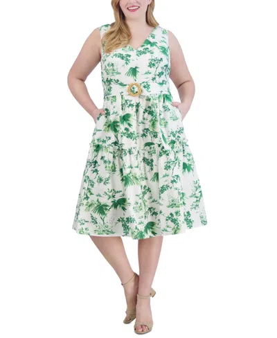 Vince Camuto Plus Size Printed Belted Cotton Midi Dress In Green