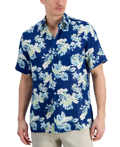 Club Room Men's Noche Floral-print Short-sleeve Linen Shirt, Created For Macy's In Navy Crush