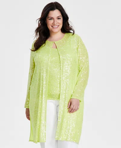 Anne Klein Plus Size Sequin Mesh Duster In Sprout