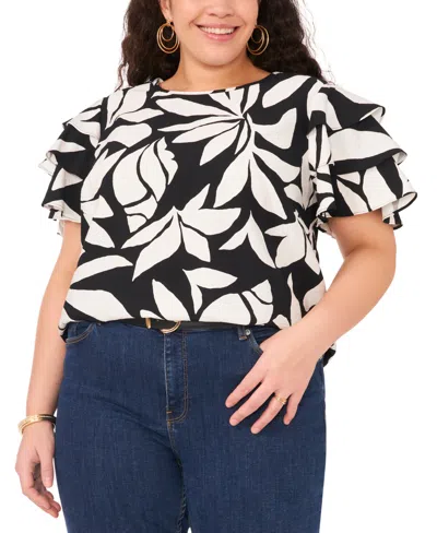 Vince Camuto Plus Size Printed Tiered-ruffle-sleeve Top In Rich Black
