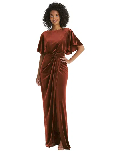 After Six Flutter Sleeve Open-back Velvet Maxi Dress With Draped Wrap Skirt In Red