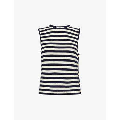 Frame Womens Navy Multi Button-embellished Striped Cotton-blend Top