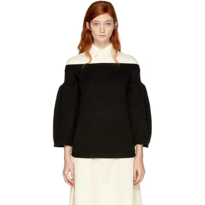 Valentino Off-the-shoulder Virgin Wool Cable-knit Sweater In Black White