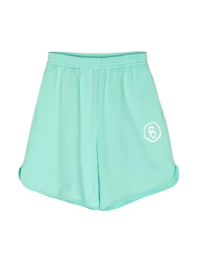 Mm6 Maison Margiela Kids' Number-print Cotton Shorts In Verde Acqua