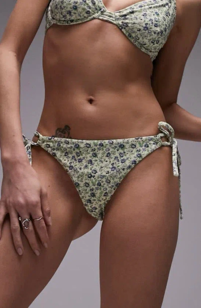Topshop Mix And Match Loop Tie Side Bikini Bottoms In Blue Ditsy Floral-multi