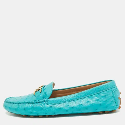 Pre-owned Ferragamo Turquoise Ostrich Saba Loafers Size 40.5 In Blue