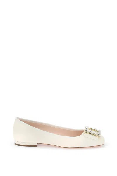 Roger Vivier Soft Cream Leather Ballerinas With Ribbon Inserts And Crystal Buckle For Women In Bianco