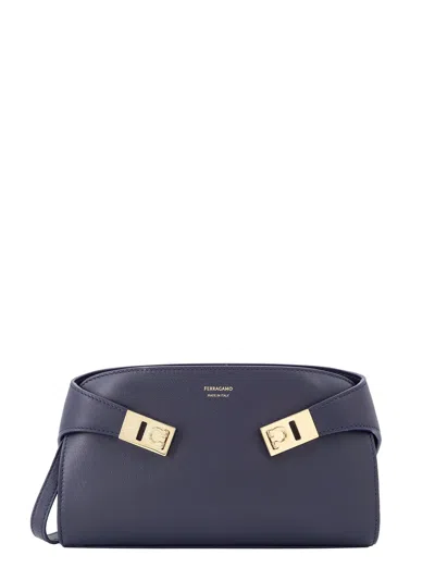 Ferragamo Leather Shoulder Bag With Iconic Gancini Detail In Blue