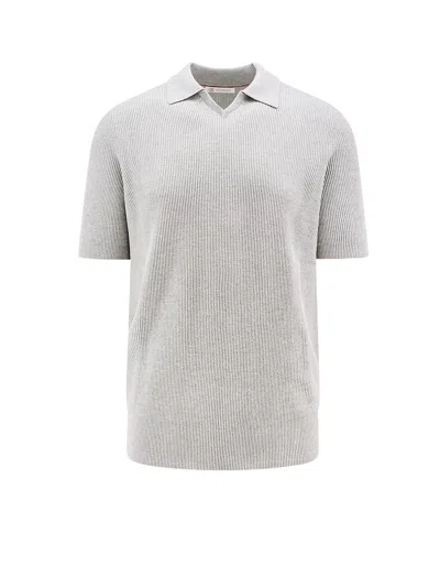 Brunello Cucinelli Ribbed Cotton Polo Shirt In Gray