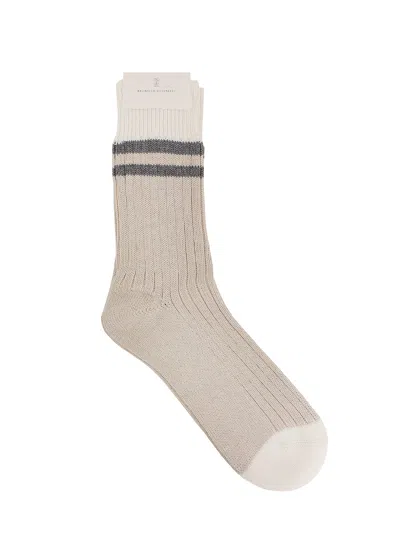 Brunello Cucinelli Stripe-detail Cotton Socks In Neutrals