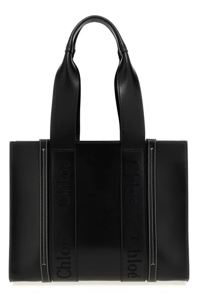 Chloé Chloe Woman Black Leather Medium Woody Shopping Bag