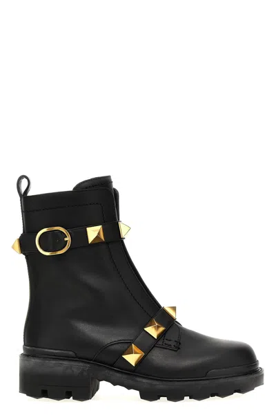 Valentino Garavani Woman Black Leather Roman Stud Ankle Boots