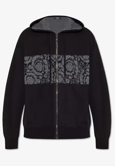 Versace Barocco Jacquard Zip-up Hooded Sweatshirt In Black
