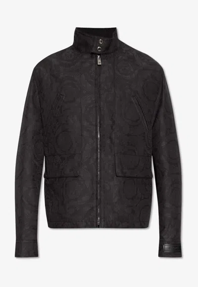 Versace Barocco Jacquard Zip-up Jacket In Gray