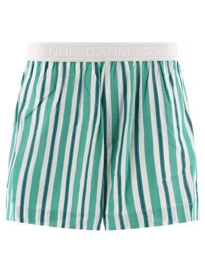 Ganni Striped Elasticated Shorts In Green