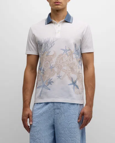 Versace Men's Holiday-print Pique Polo Shirt In 白色