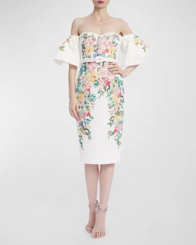 Badgley Mischka Off-shoulder Floral-print Midi Dress In Light Ivory