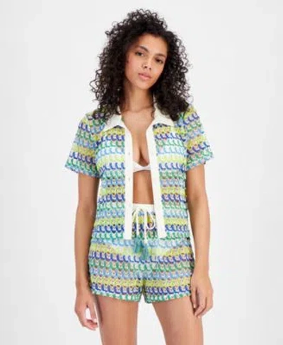 Miken Juniors Camp Crochet Shirt Cover Up Camp Crochet Cover Up Shorts Created For Macys In Ivory Green Multi
