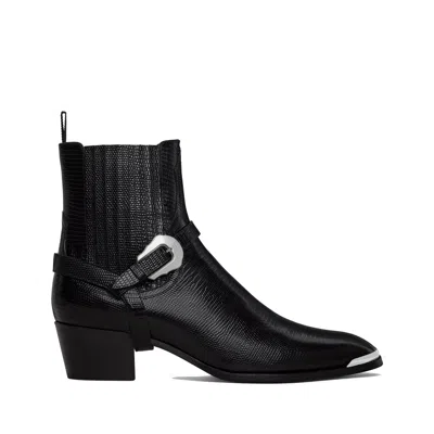 Celine Men Isaac Western Chelsea Boot With Harness And Metal Toe In Calfskin With Tejus Print Black