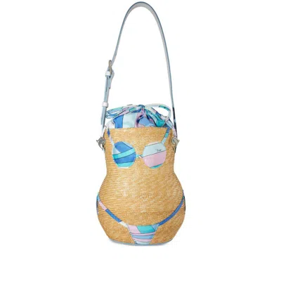 Pucci Nella Straw Bucket Bag In Neutrals/blue