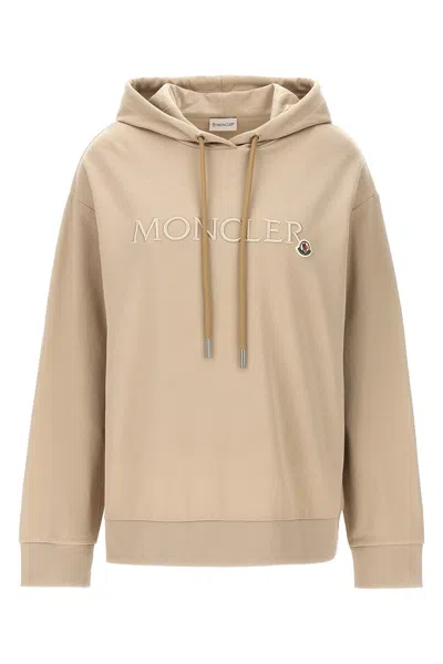 Moncler Women Logo Embroidery Hoodie In Cream