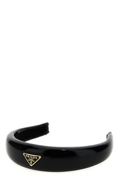 Prada Women Logo Patent Headband In Black