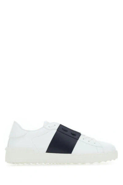 Valentino Garavani Man White Leather Open Sneakers With Midnight Blue Band
