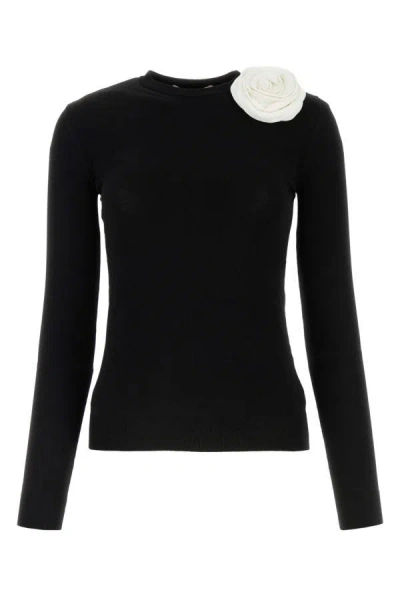Valentino Rosette Corsage Long-sleeve Sweater In Black