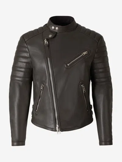 Tom Ford Leather Biker Jacket In Dark Brown