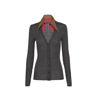 Prada Cashmere And Silk Cardigan With Collar In Gray