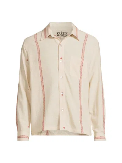 Kartik Research Embroidered Cotton-jacquard Shirt In Ecru Maroon