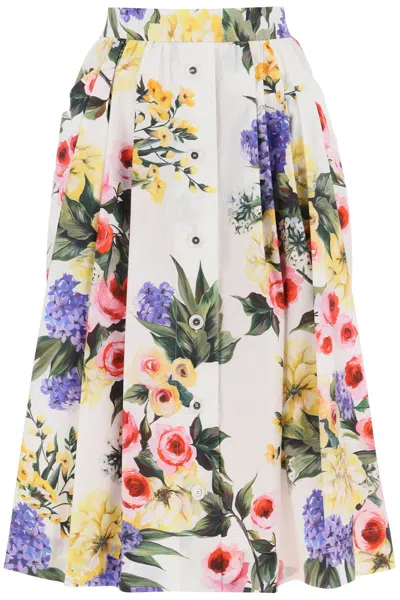 Dolce & Gabbana Pleated Floral-print Cotton-poplin Midi Skirt In Bianco