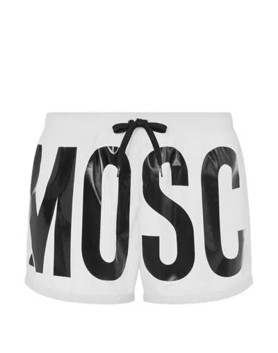 Moschino Logo印花抽绳泳裤 In White